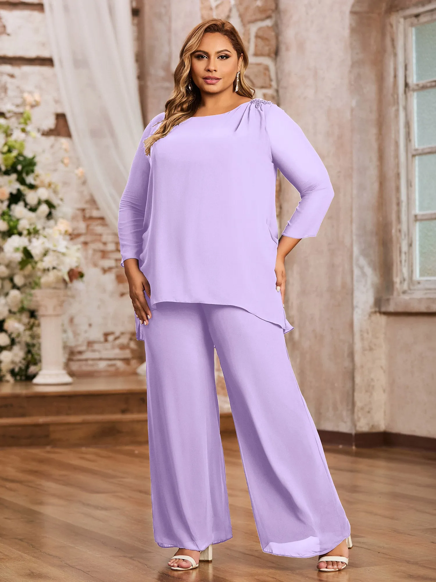 Elegant Chiffon Pant Suit with Long Sleeves-Lilac