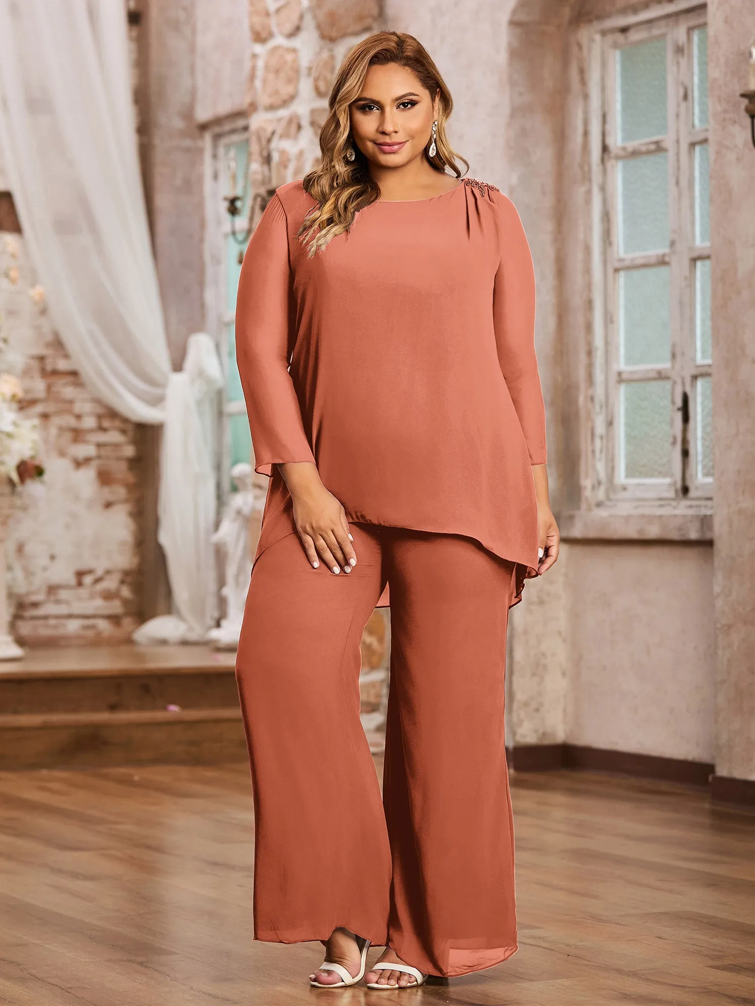 Elegant Chiffon Pant Suit with Long Sleeves-Papaya