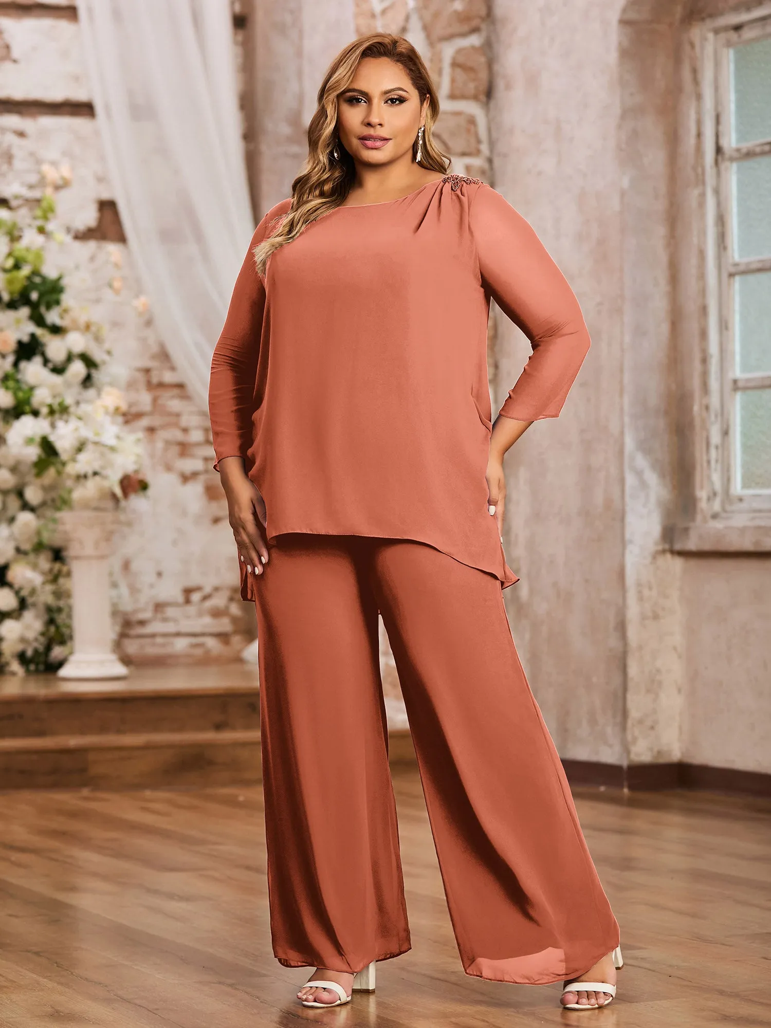 Elegant Chiffon Pant Suit with Long Sleeves-Papaya