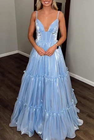 Elian | Cute A Line V Neck Light Blue Glitter Organza Satin Prom Dress