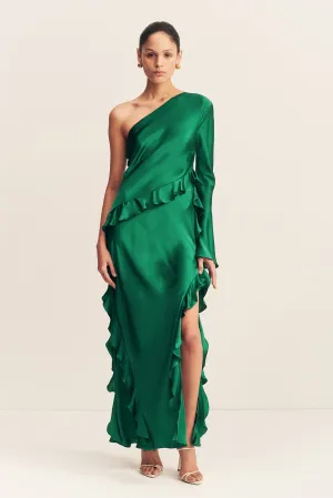 ELLE SILK ASYMMETRICAL ONE SHOULDER RUFFLE MAXI DRESS - EMERALD GREEN