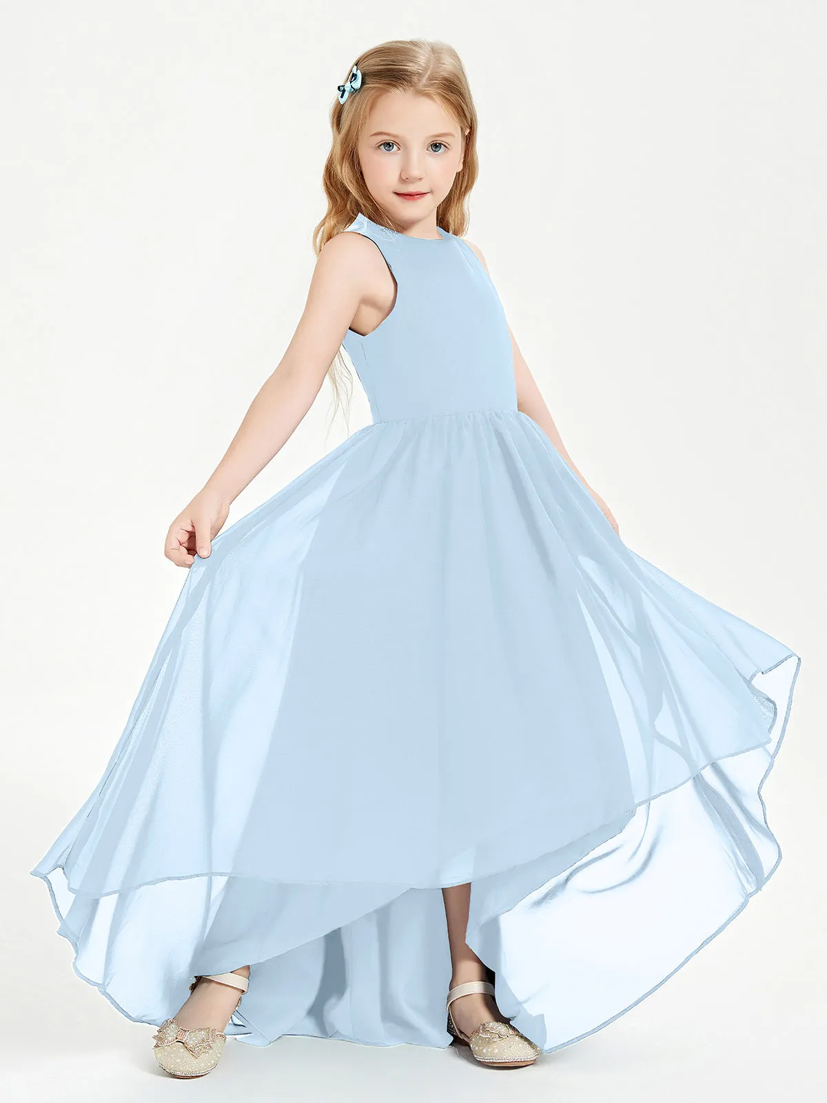 Exquisite Asymmetrical Junior Bridesmaid Dresses Scoop Neck Sky Blue