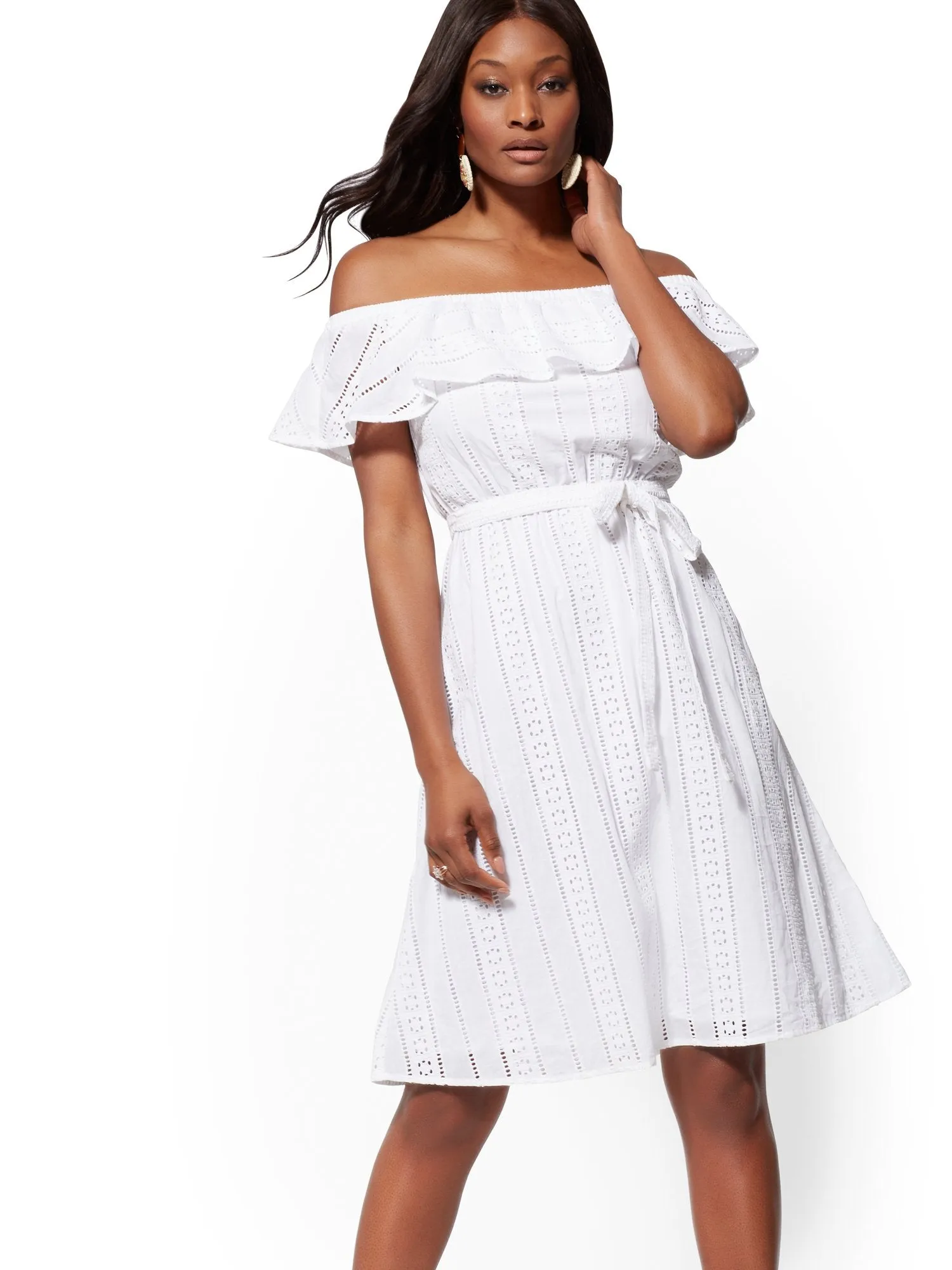 Eyelet Off-The-Shoulder Flare Dress