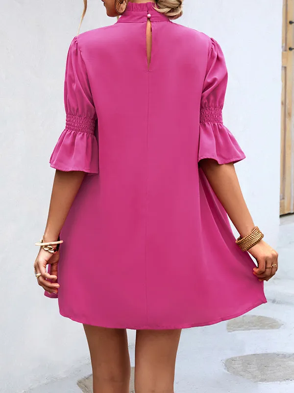 Falbala Solid Color Half Sleeves Loose Stand Collar Mini Dresses