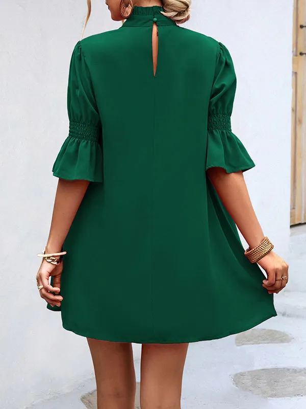 Falbala Solid Color Half Sleeves Loose Stand Collar Mini Dresses