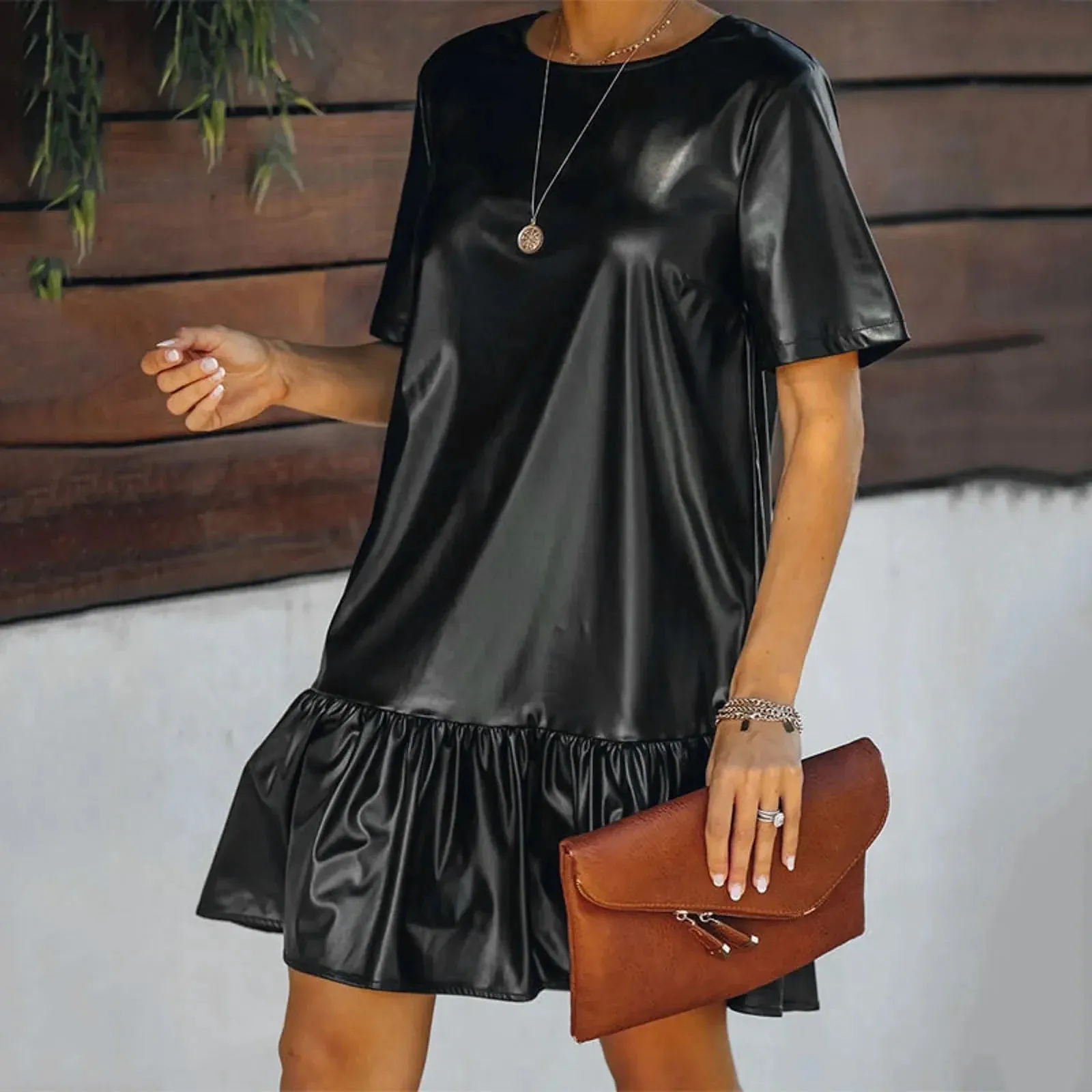 Faux PU Leather Short Sleeve Loose Ruffle Elegant Mini Office Lady Casual Black Dress