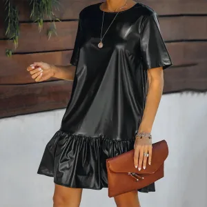 Faux PU Leather Short Sleeve Loose Ruffle Elegant Mini Office Lady Casual Black Dress