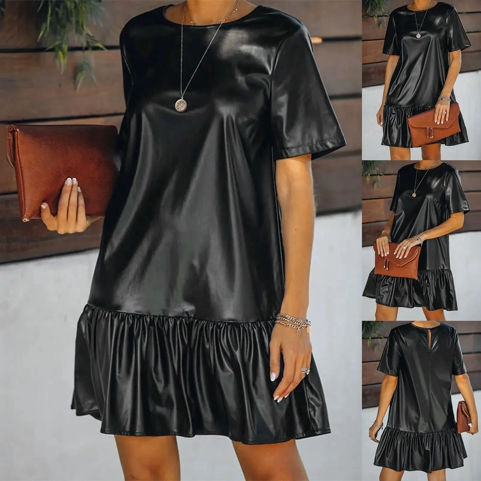 Faux PU Leather Short Sleeve Loose Ruffle Elegant Mini Office Lady Casual Black Dress