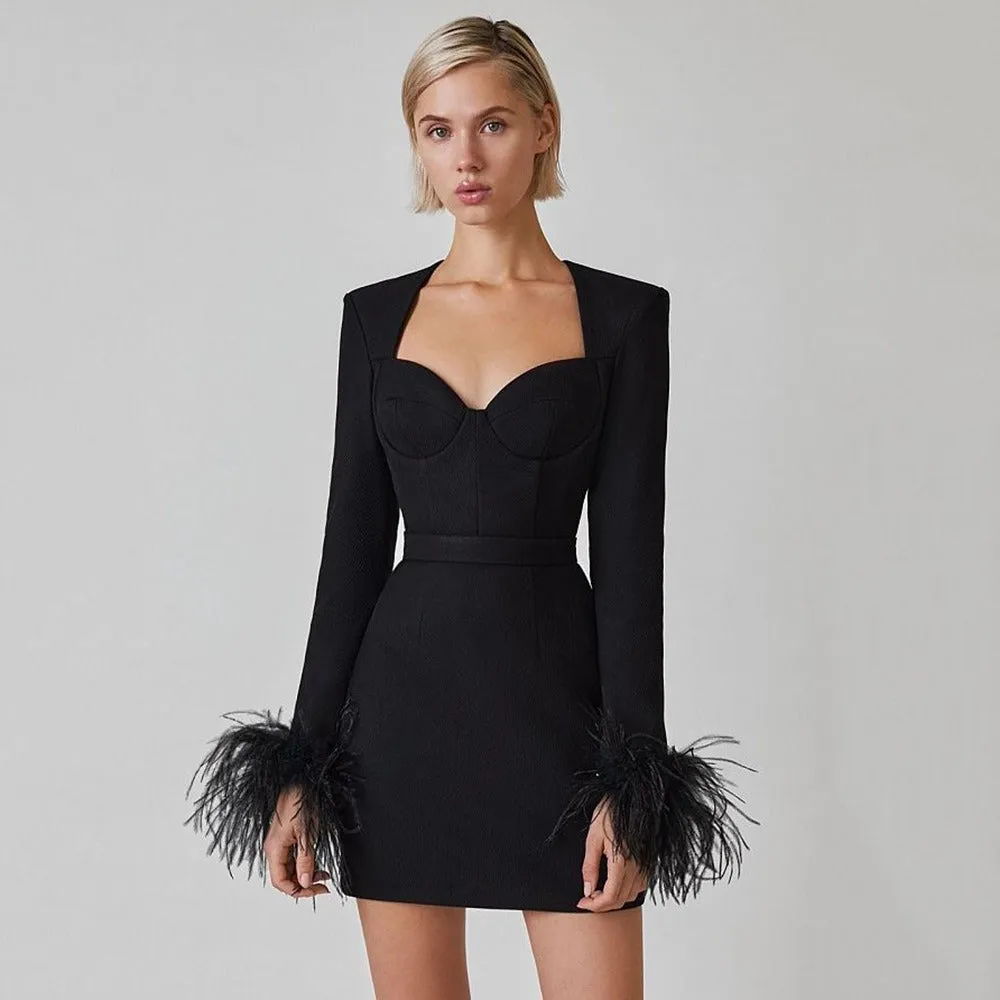 Feather Cuff Long Sleeve Mini Bandage Dress