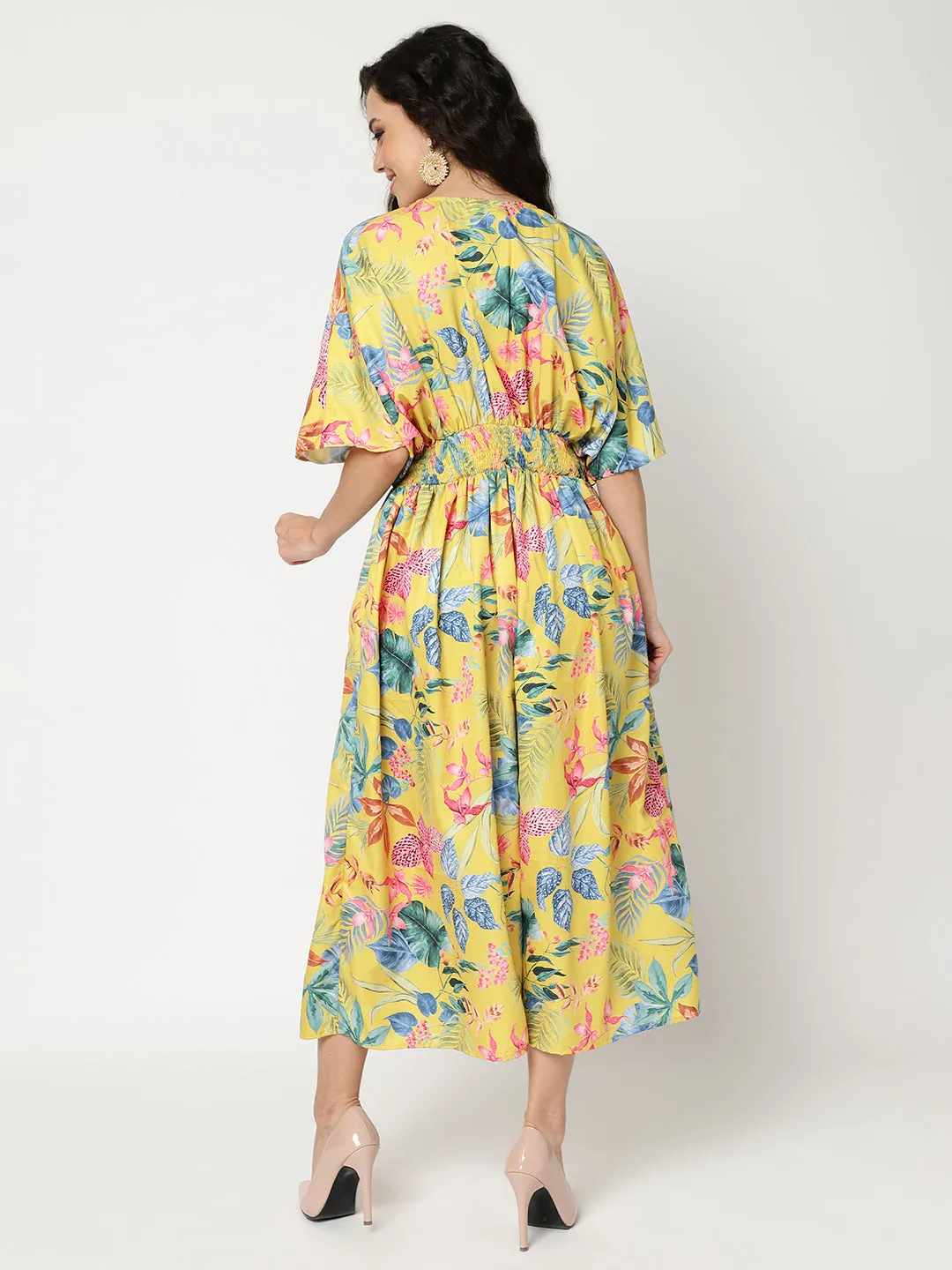 Floral Digital Printed V-Neck Kimono Sleeve Style Dress