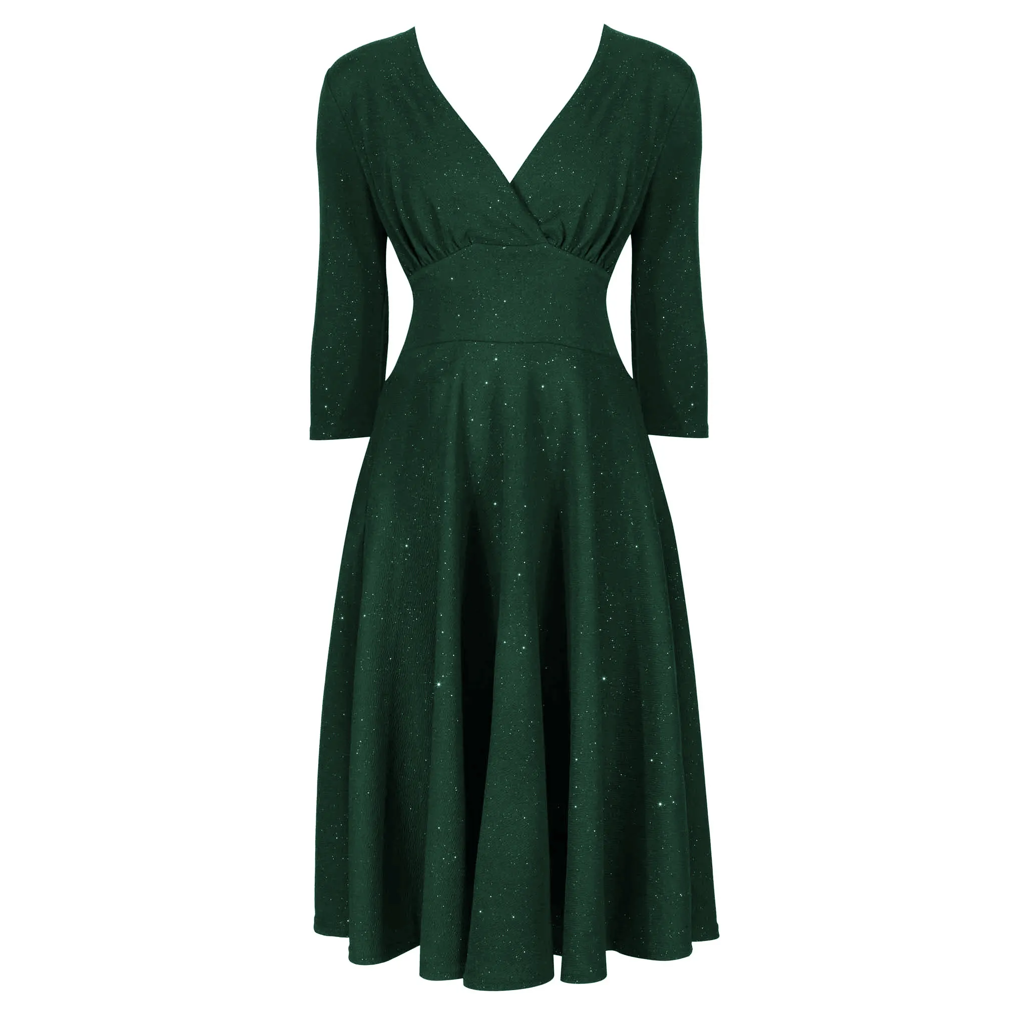 Forest Green Silver Glitter Vintage A Line Crossover 3/4 Sleeve Tea Swing Dress