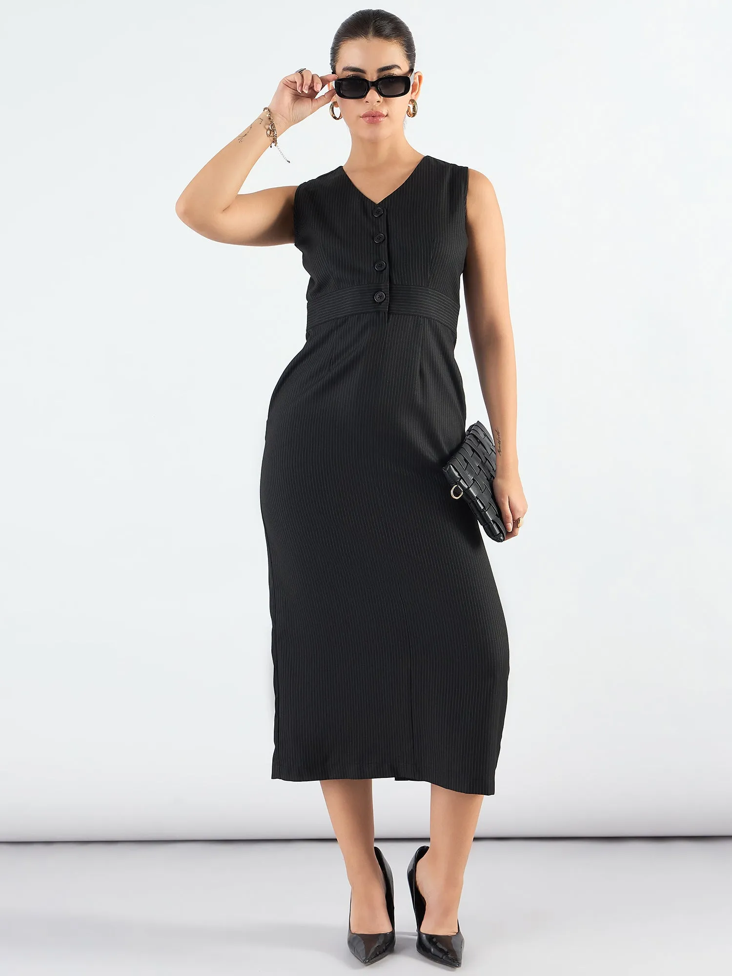 Formal Black Striped Structured Midi Dress