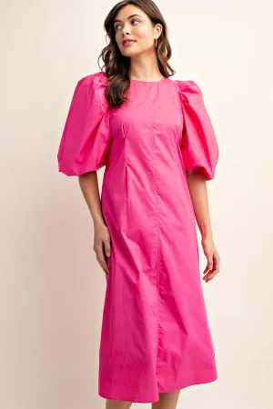 Fuchsia Puff Sleeve Midi Dress