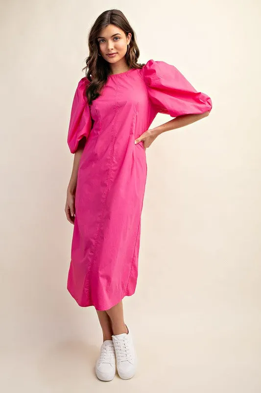 Fuchsia Puff Sleeve Midi Dress