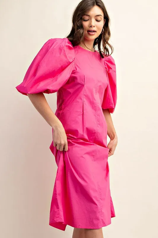 Fuchsia Puff Sleeve Midi Dress