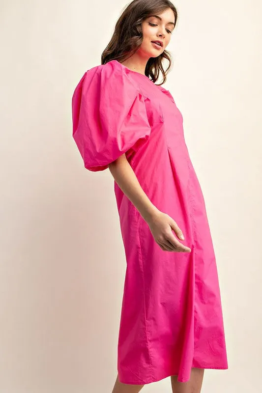 Fuchsia Puff Sleeve Midi Dress