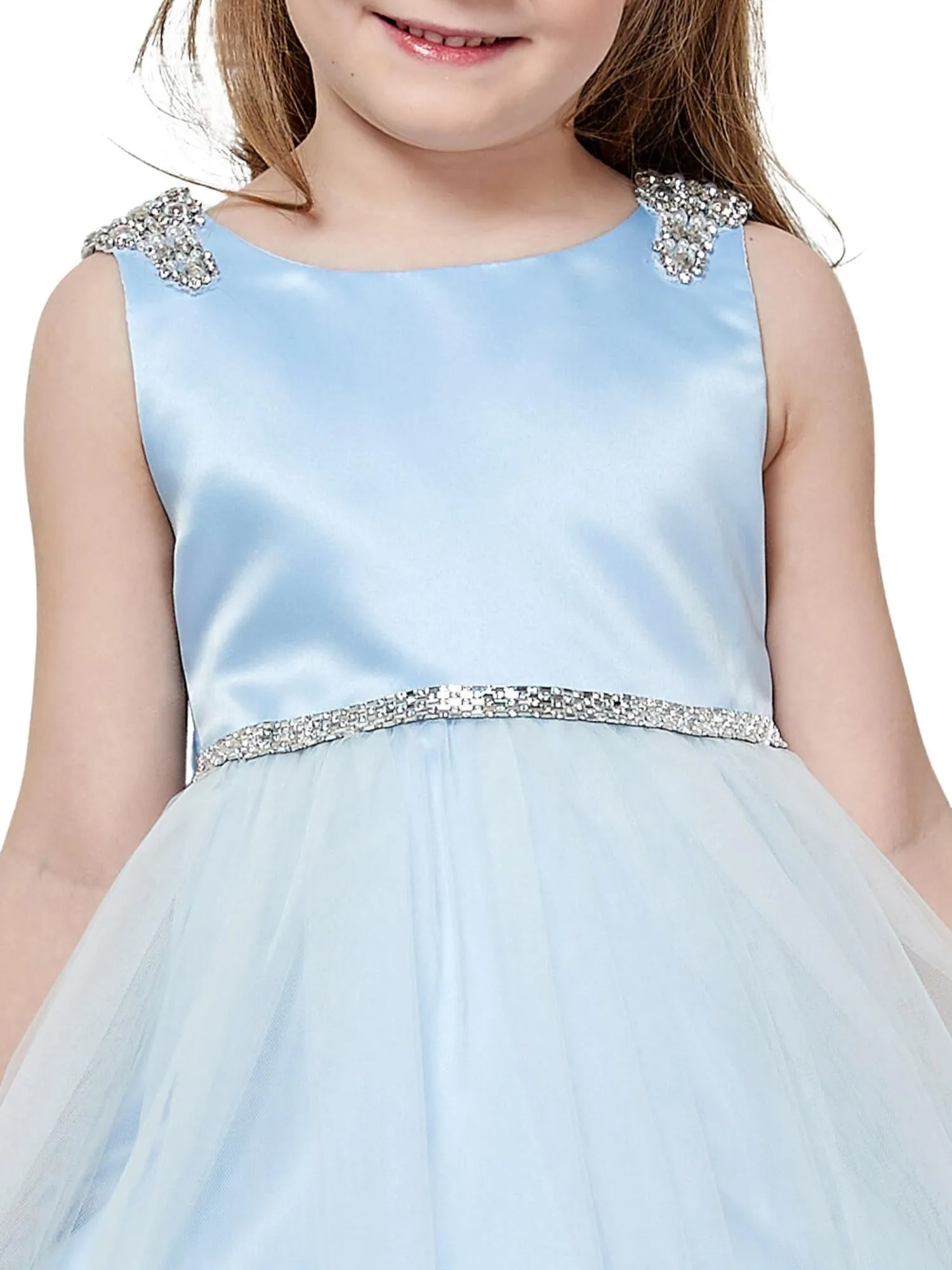 Girls Blue Dull Satin Tulle Dress with Cristal on Shoulder and Waist, Sizes 2-16