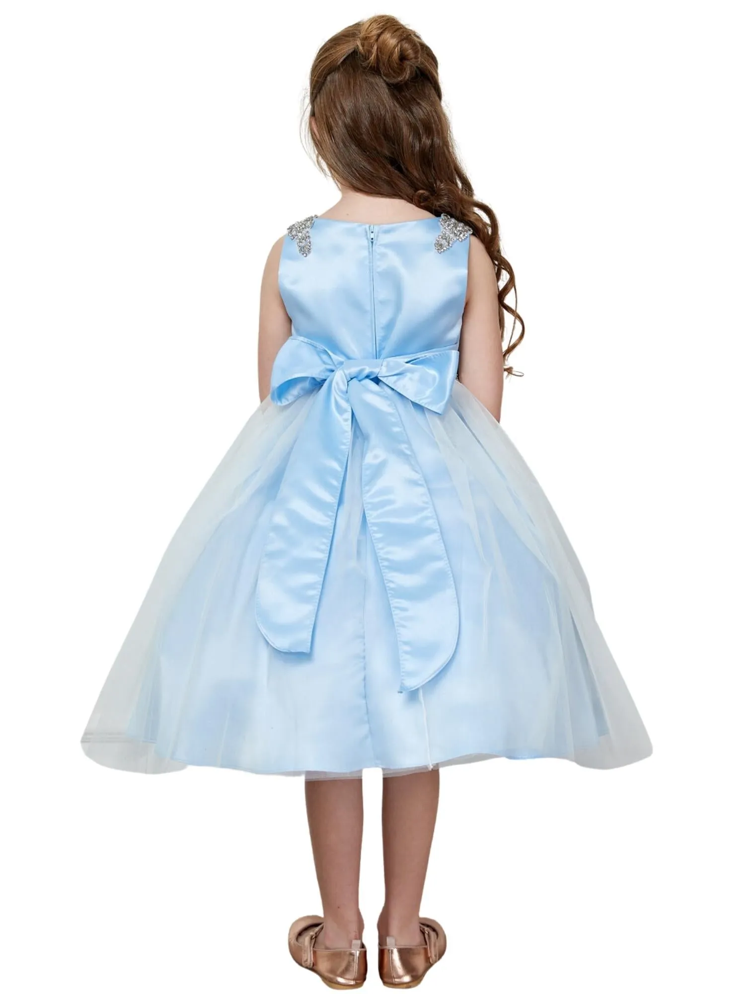 Girls Blue Dull Satin Tulle Dress with Cristal on Shoulder and Waist, Sizes 2-16