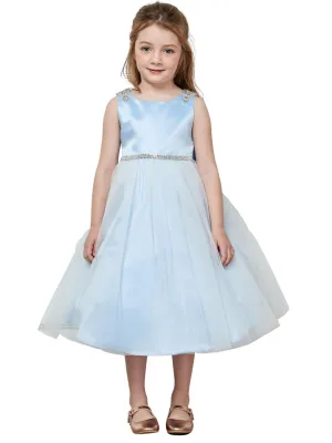 Girls Blue Dull Satin Tulle Dress with Cristal on Shoulder and Waist, Sizes 2-16