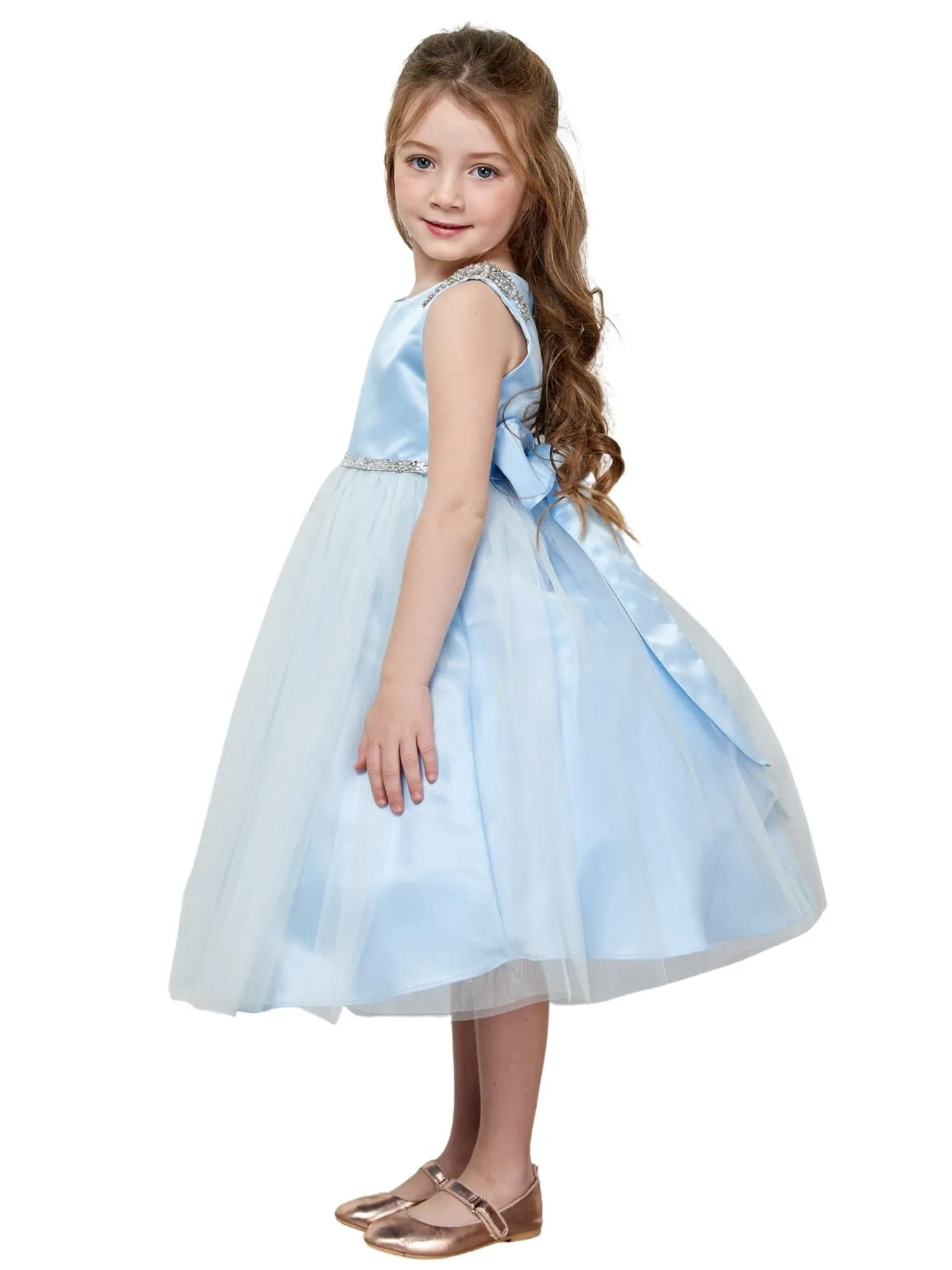 Girls Blue Dull Satin Tulle Dress with Cristal on Shoulder and Waist, Sizes 2-16