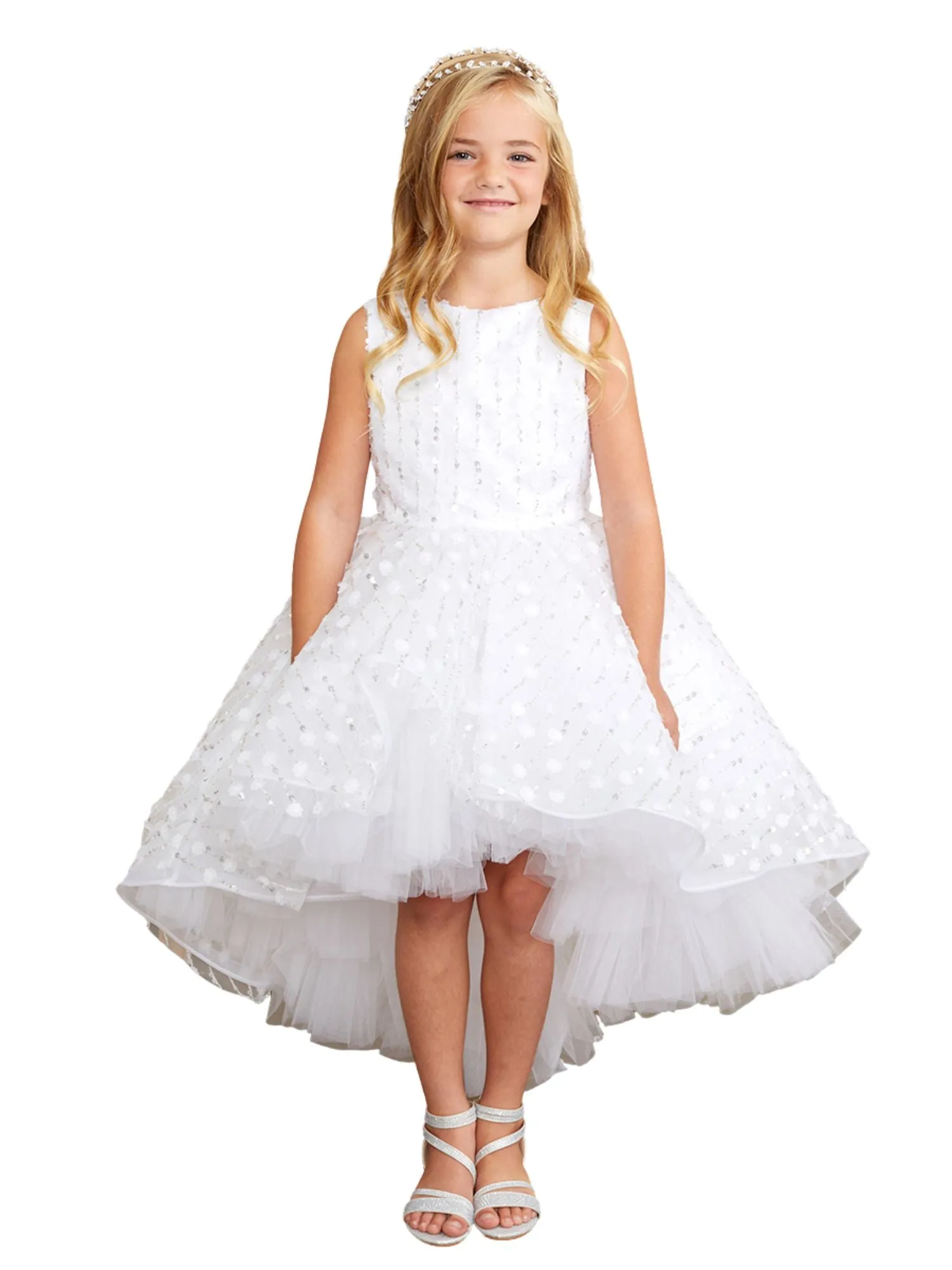 Girls Hi-Low Dress with 3D Flower, Beads, and Sequin Overlay Bodice, Sizes 2-12