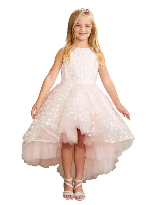 Girls Hi-Low Dress with 3D Flower, Beads, and Sequin Overlay Bodice, Sizes 2-12