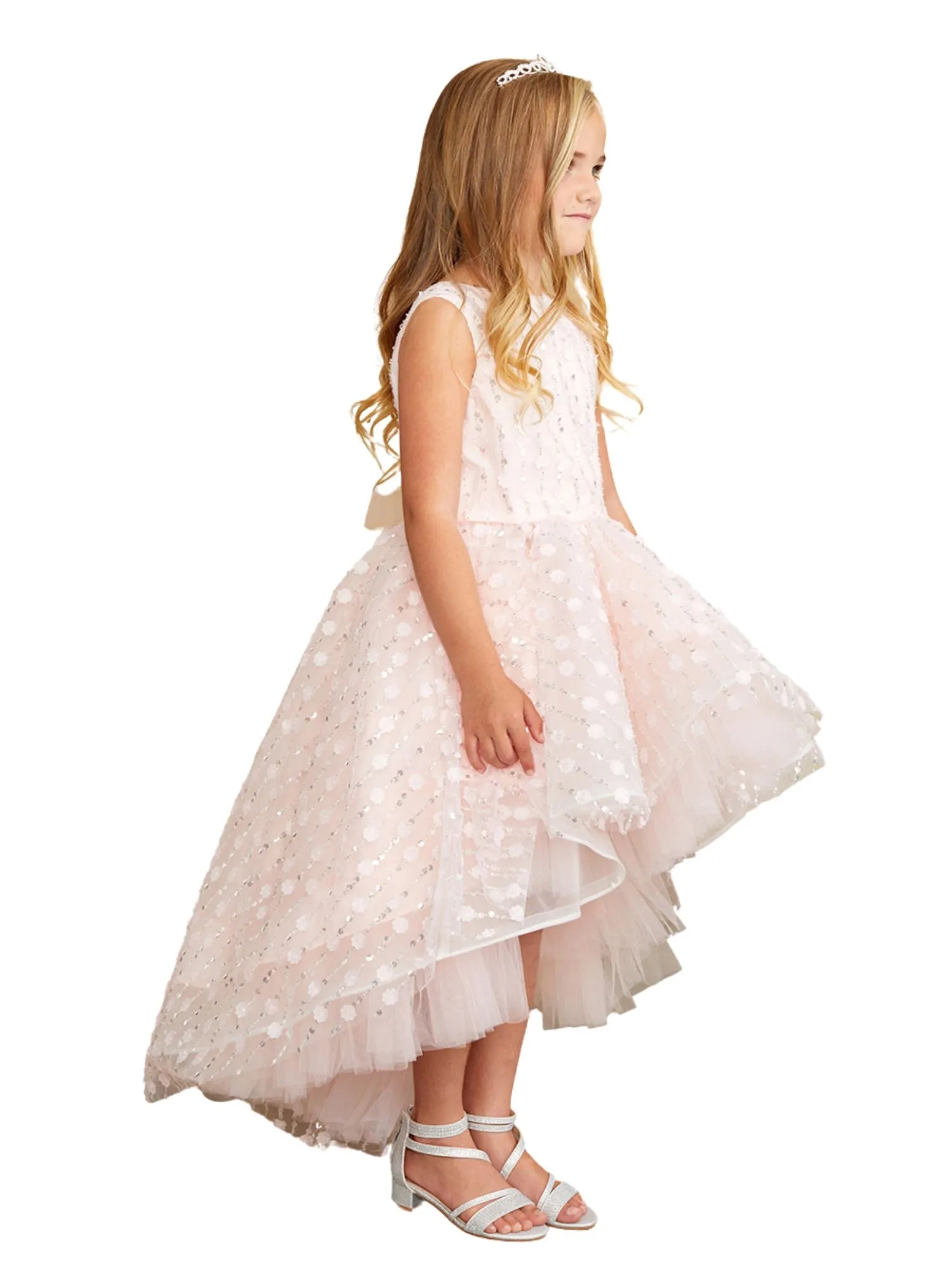 Girls Hi-Low Dress with 3D Flower, Beads, and Sequin Overlay Bodice, Sizes 2-12