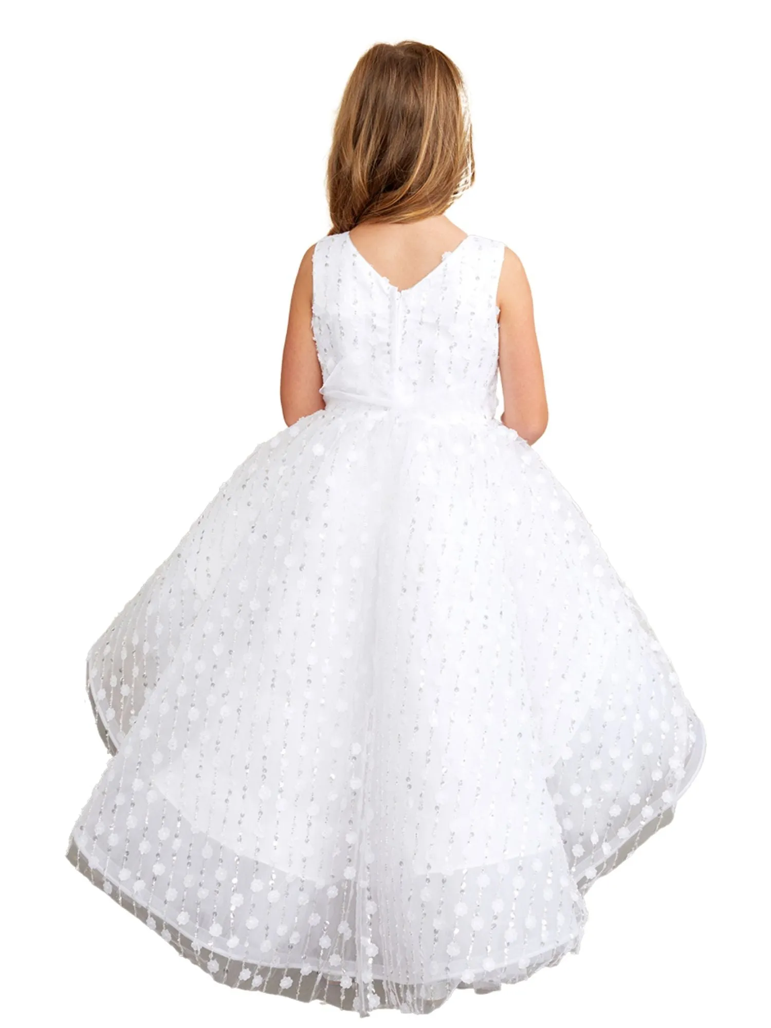 Girls Hi-Low Dress with 3D Flower, Beads, and Sequin Overlay Bodice, Sizes 2-12