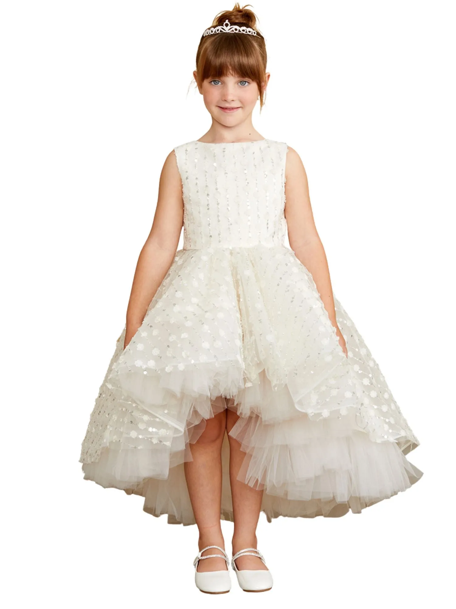 Girls Hi-Low Dress with 3D Flower, Beads, and Sequin Overlay Bodice, Sizes 2-12