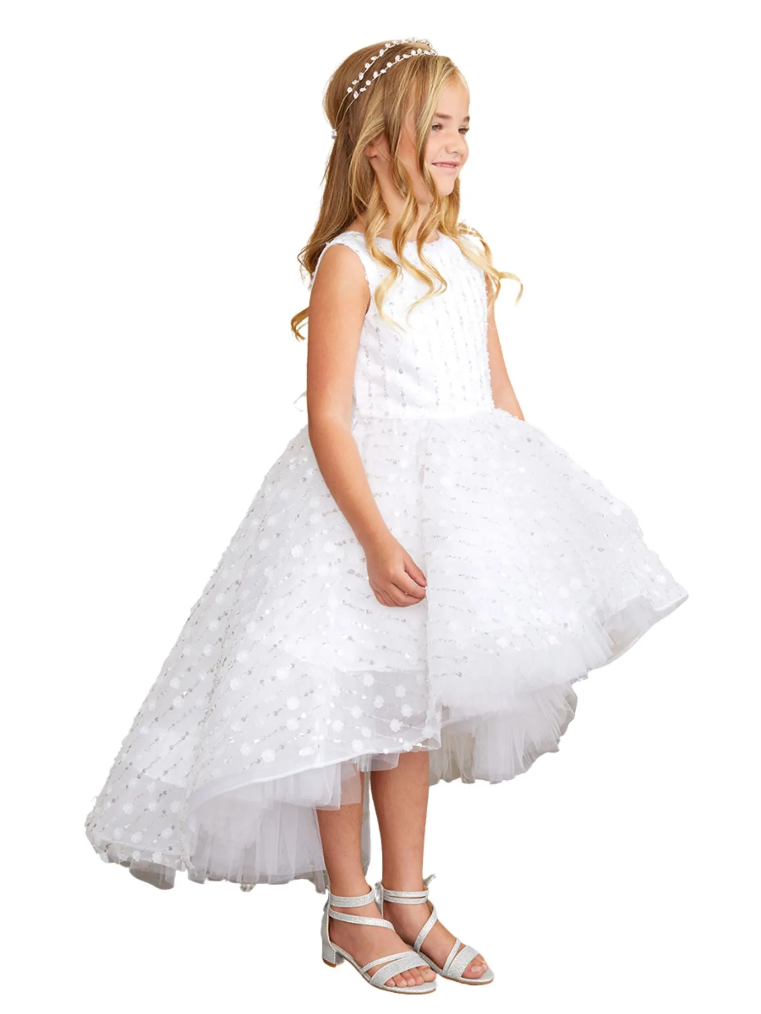 Girls Hi-Low Dress with 3D Flower, Beads, and Sequin Overlay Bodice, Sizes 2-12