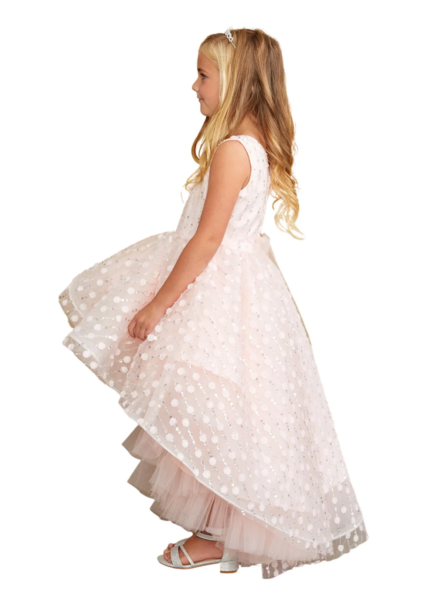 Girls Hi-Low Dress with 3D Flower, Beads, and Sequin Overlay Bodice, Sizes 2-12