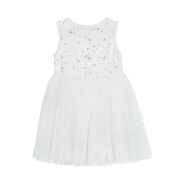 Glitter Gold Star Tulle Dress White