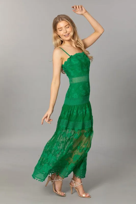 Green Spaghetti Strap Sleeveless Lace Long Slip