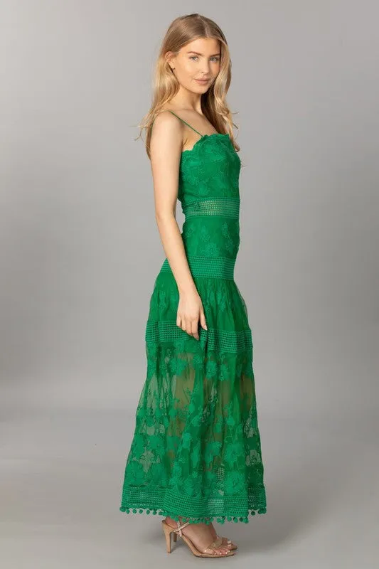 Green Spaghetti Strap Sleeveless Lace Long Slip