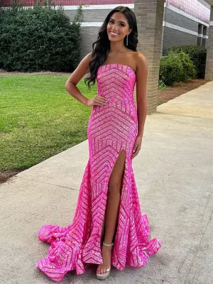 Halcyon | Mermaid Hot Pink Sequins Strapless Prom Dresses with Slit