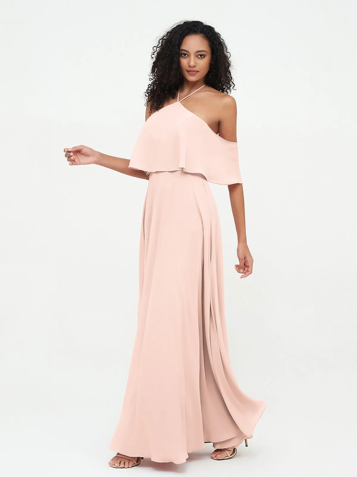 Halter Off the Shoulder Max Dresses with Pockets-Pearl Pink