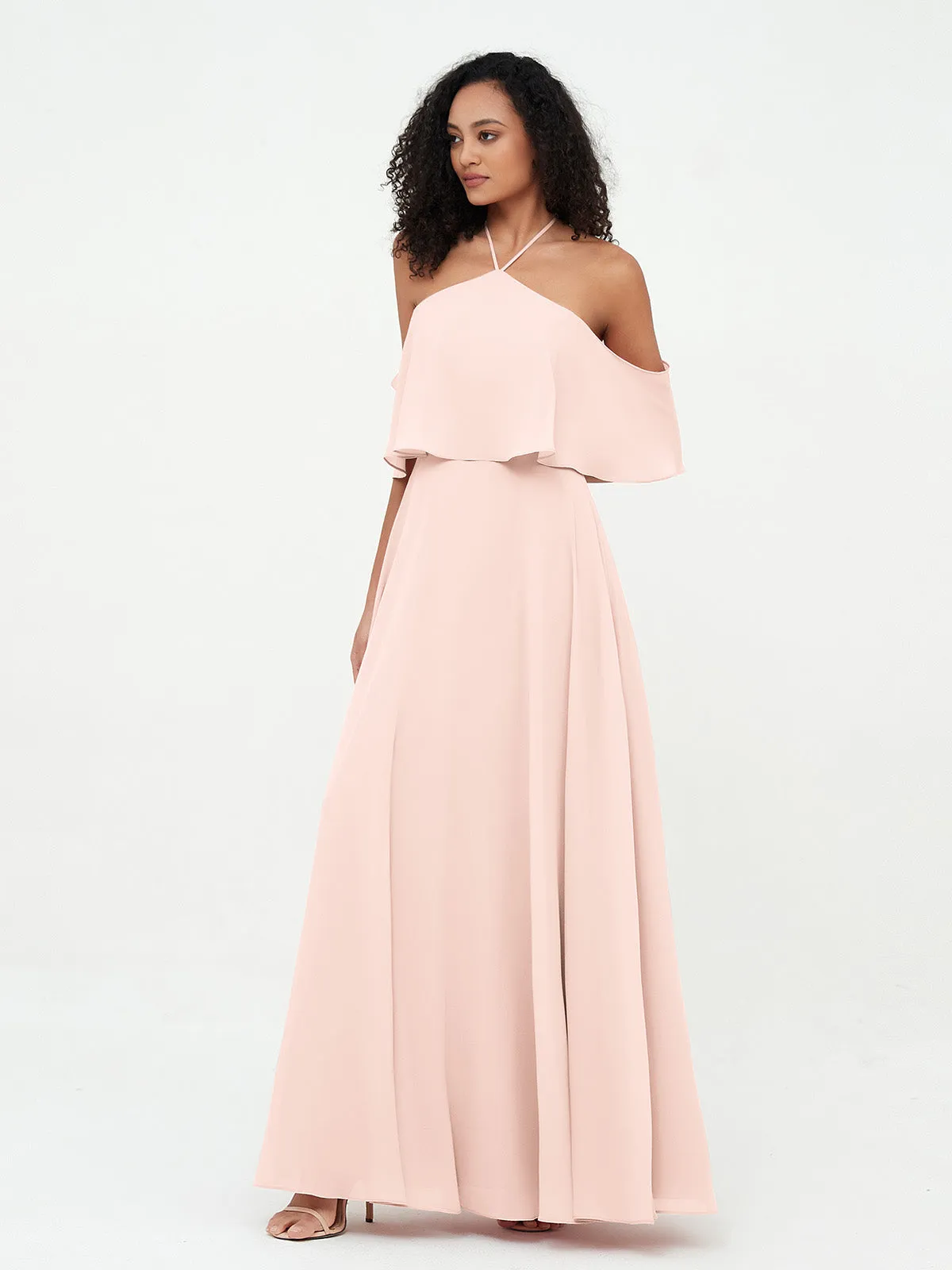 Halter Off the Shoulder Max Dresses with Pockets-Pearl Pink