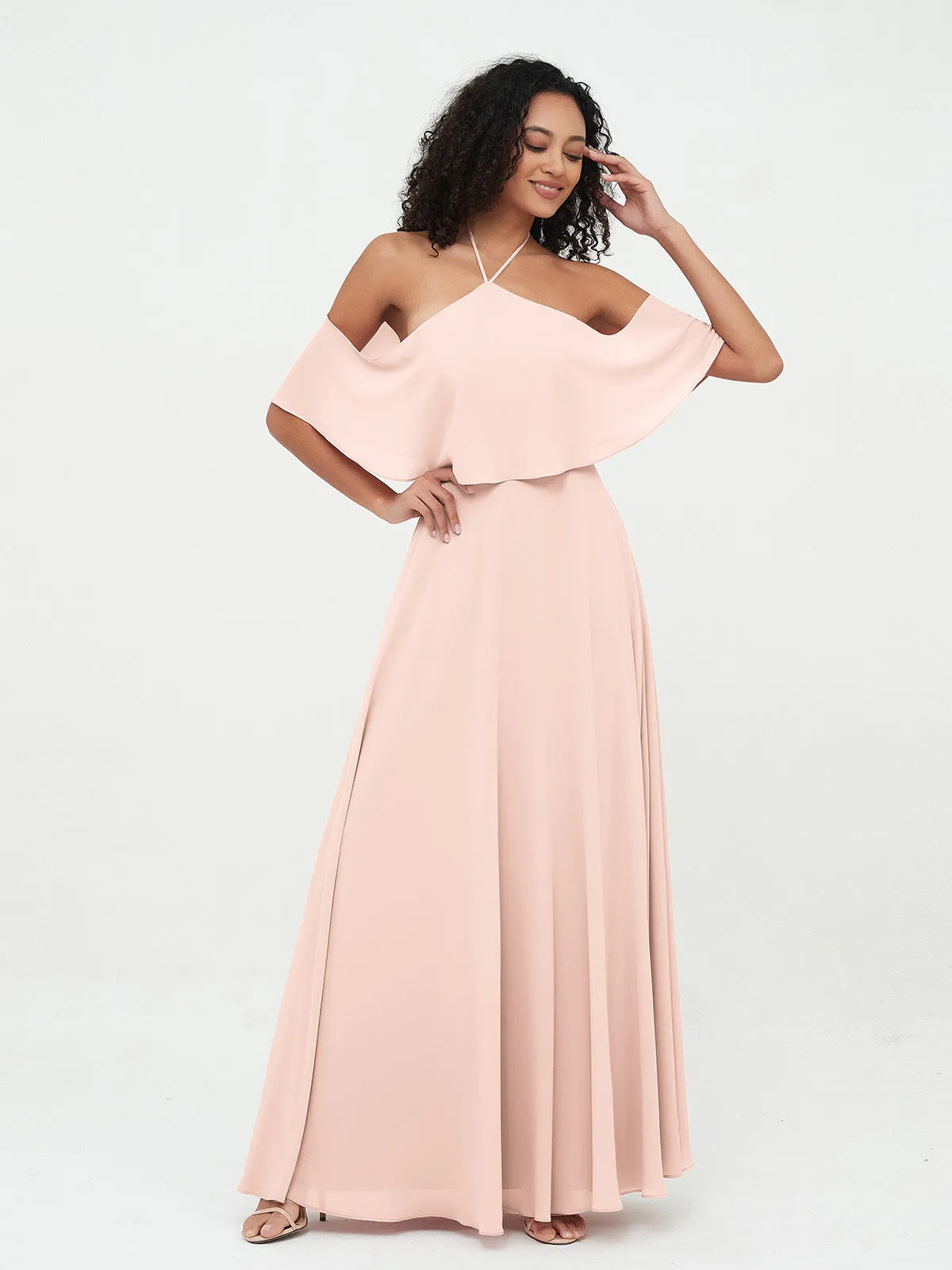 Halter Off the Shoulder Max Dresses with Pockets-Pearl Pink