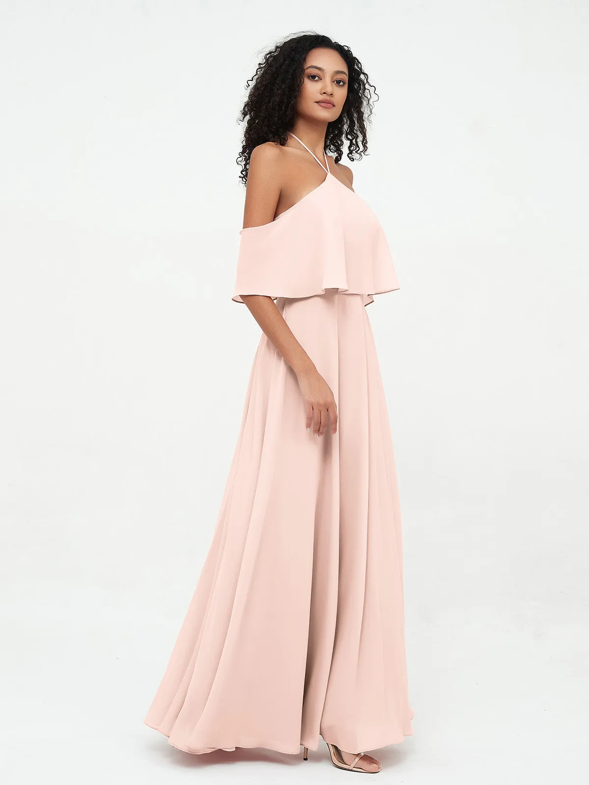 Halter Off the Shoulder Max Dresses with Pockets-Pearl Pink