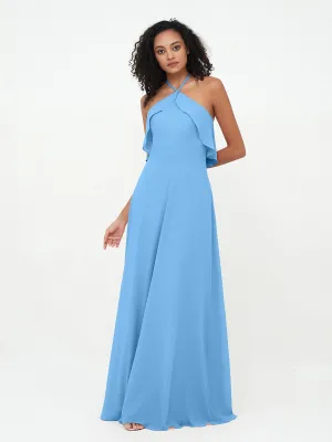 Halter Strap Chiffon Long Bridesmaid Dresses Blue Plus Size