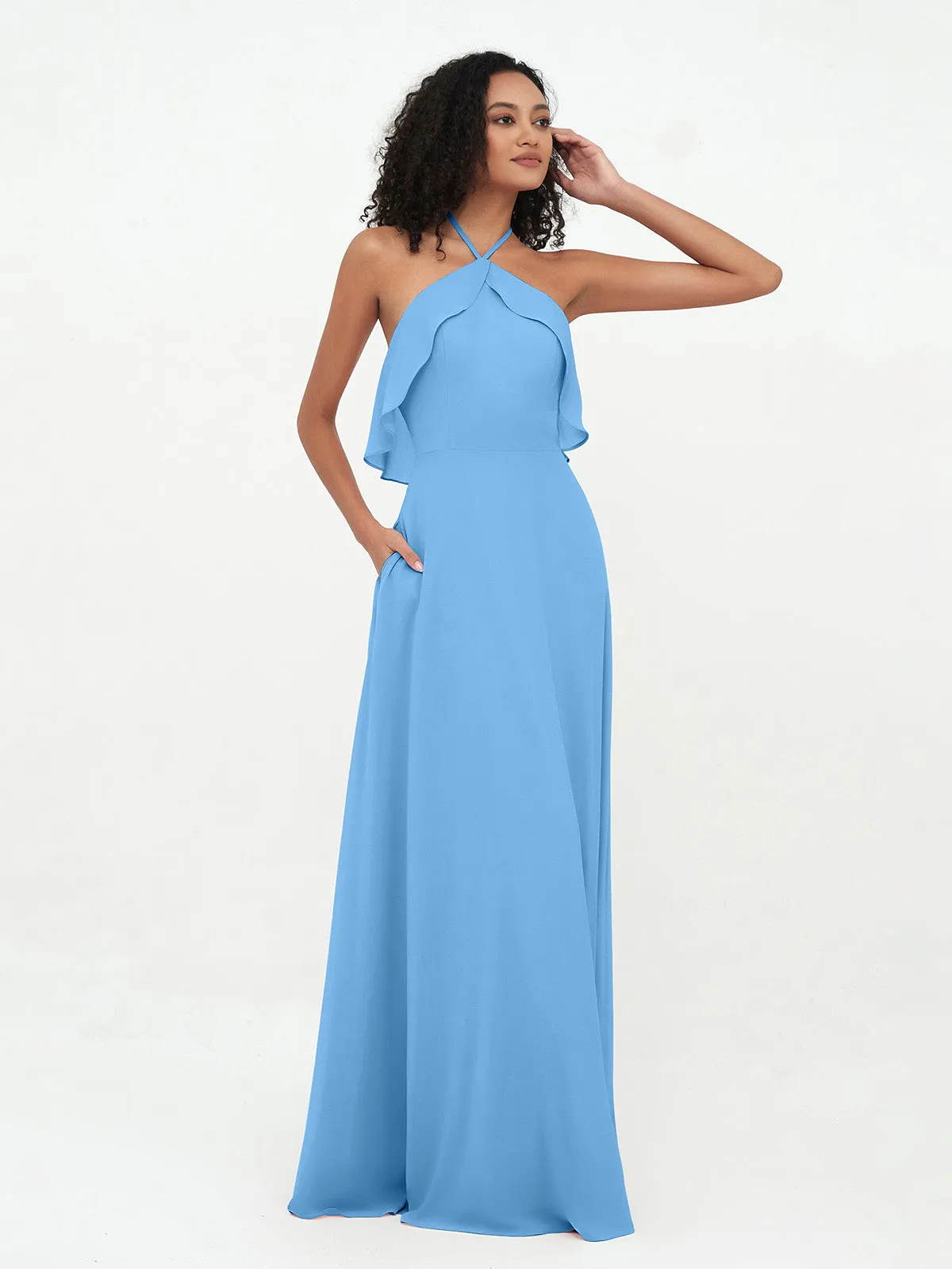 Halter Strap Chiffon Long Bridesmaid Dresses Blue Plus Size