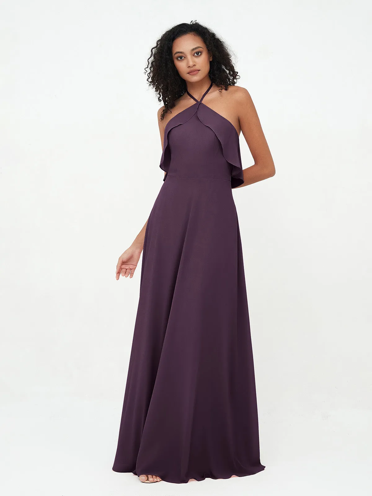 Halter Strap Chiffon Long Bridesmaid Dresses Plum Plus Size