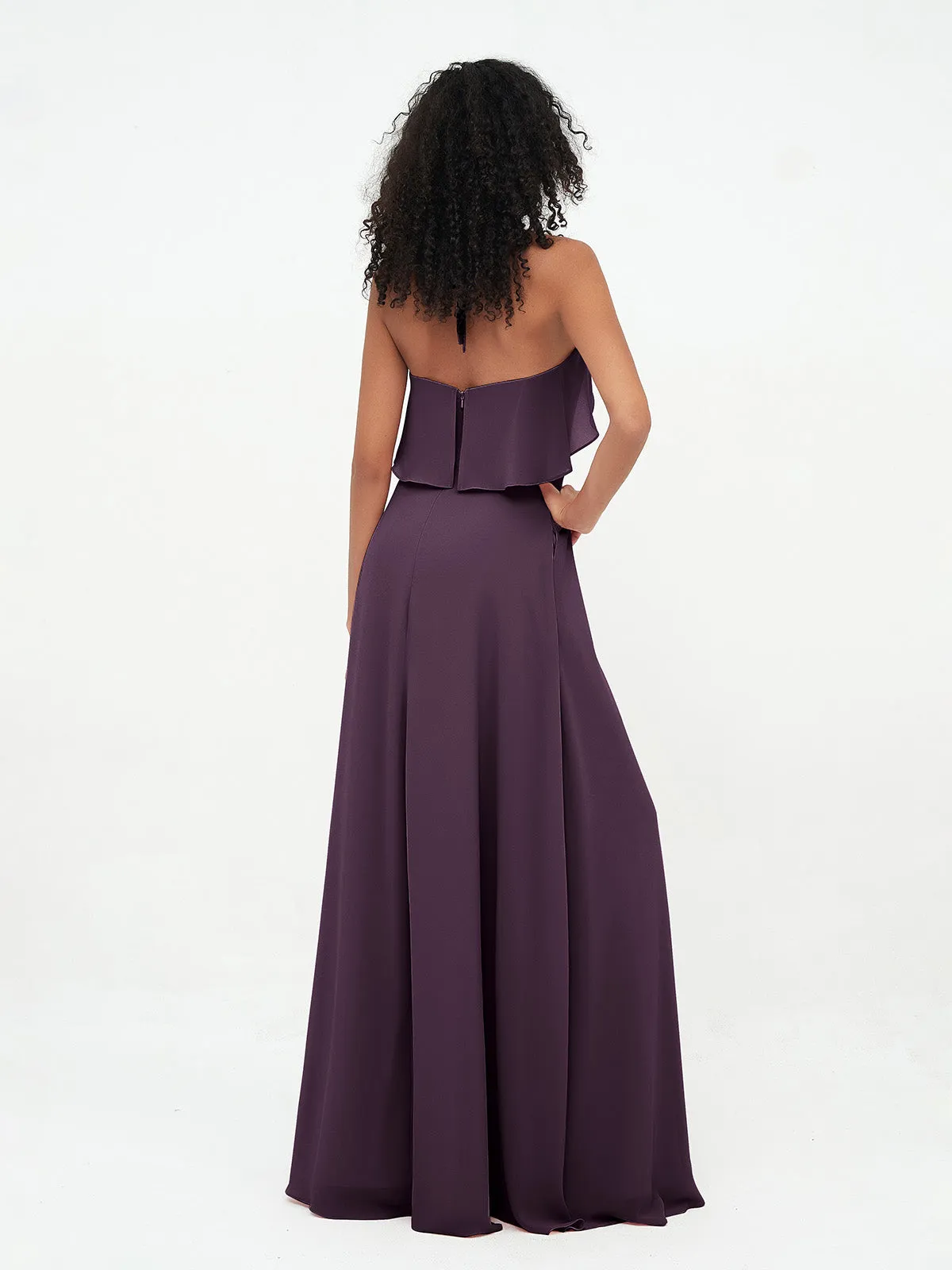 Halter Strap Chiffon Long Bridesmaid Dresses Plum Plus Size