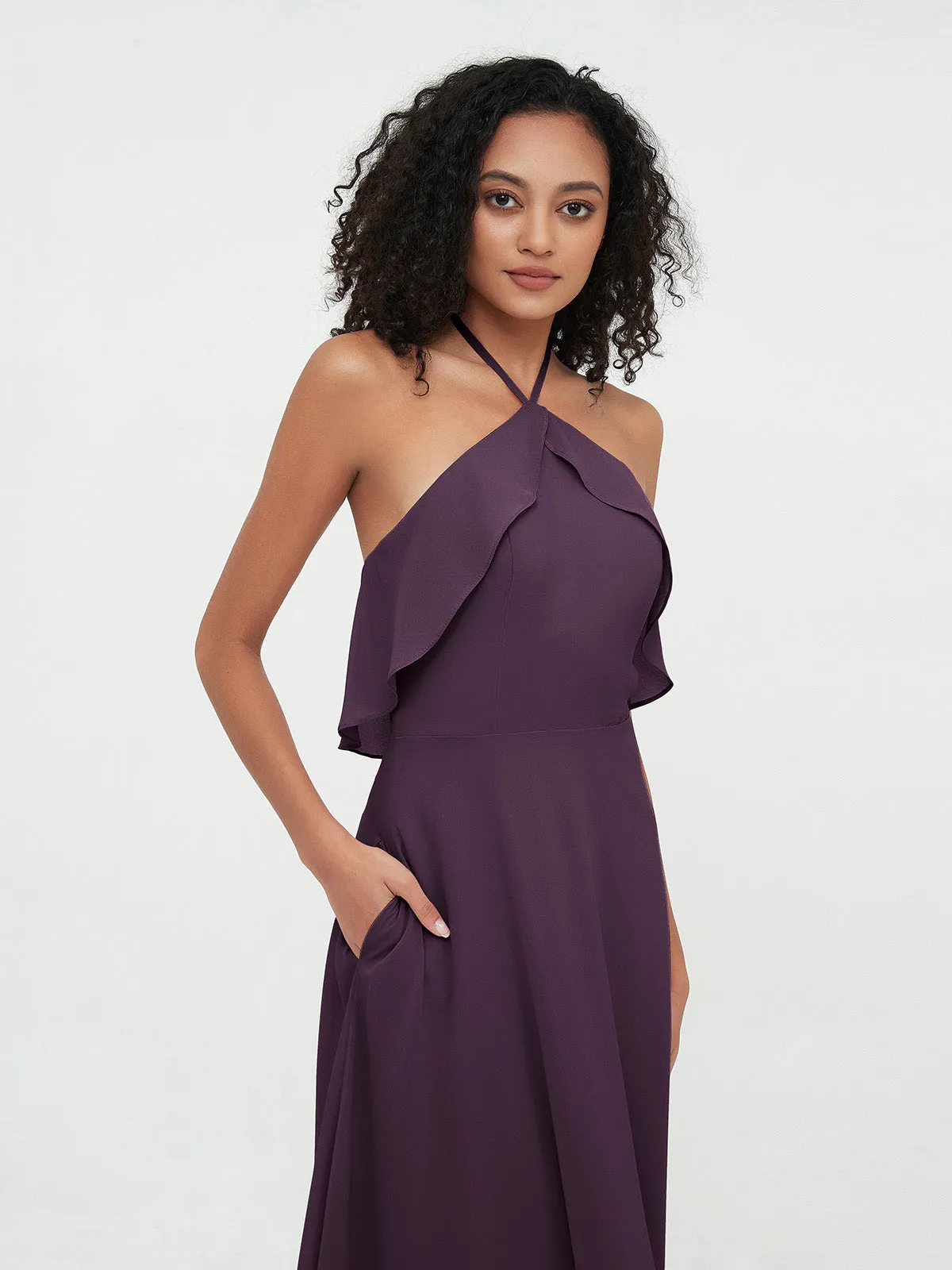 Halter Strap Chiffon Long Bridesmaid Dresses Plum Plus Size