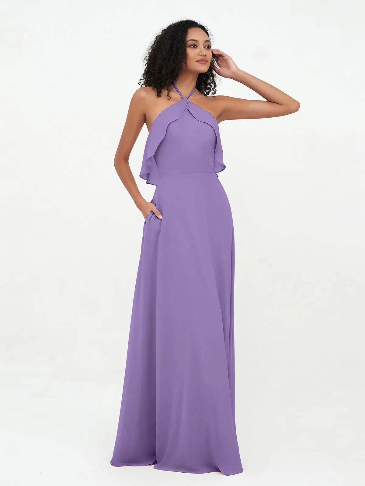 Halter Strap Chiffon Long Bridesmaid Dresses Tahiti Plus Size