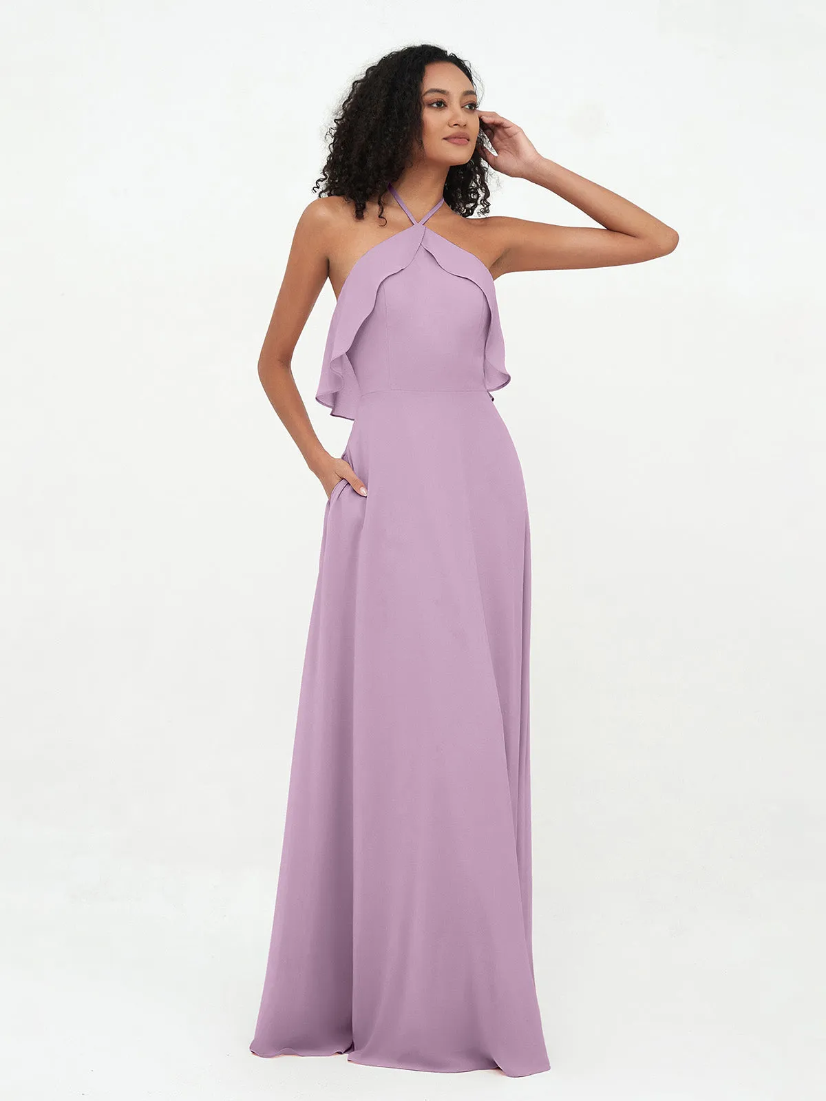 Halter Strap Chiffon Long Bridesmaid Dresses Wisteria Plus Size