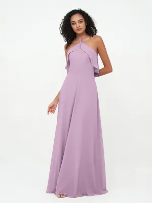 Halter Strap Chiffon Long Bridesmaid Dresses Wisteria Plus Size