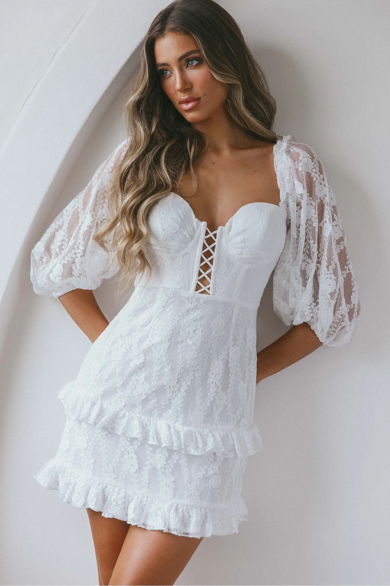 Hemingway Criss-Cross Bust Balloon Sleeve Frill Trim Lace Dress White