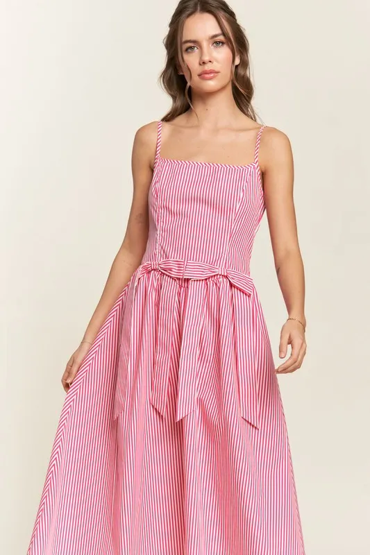 Hot Pink Striped Bow Midi Dress