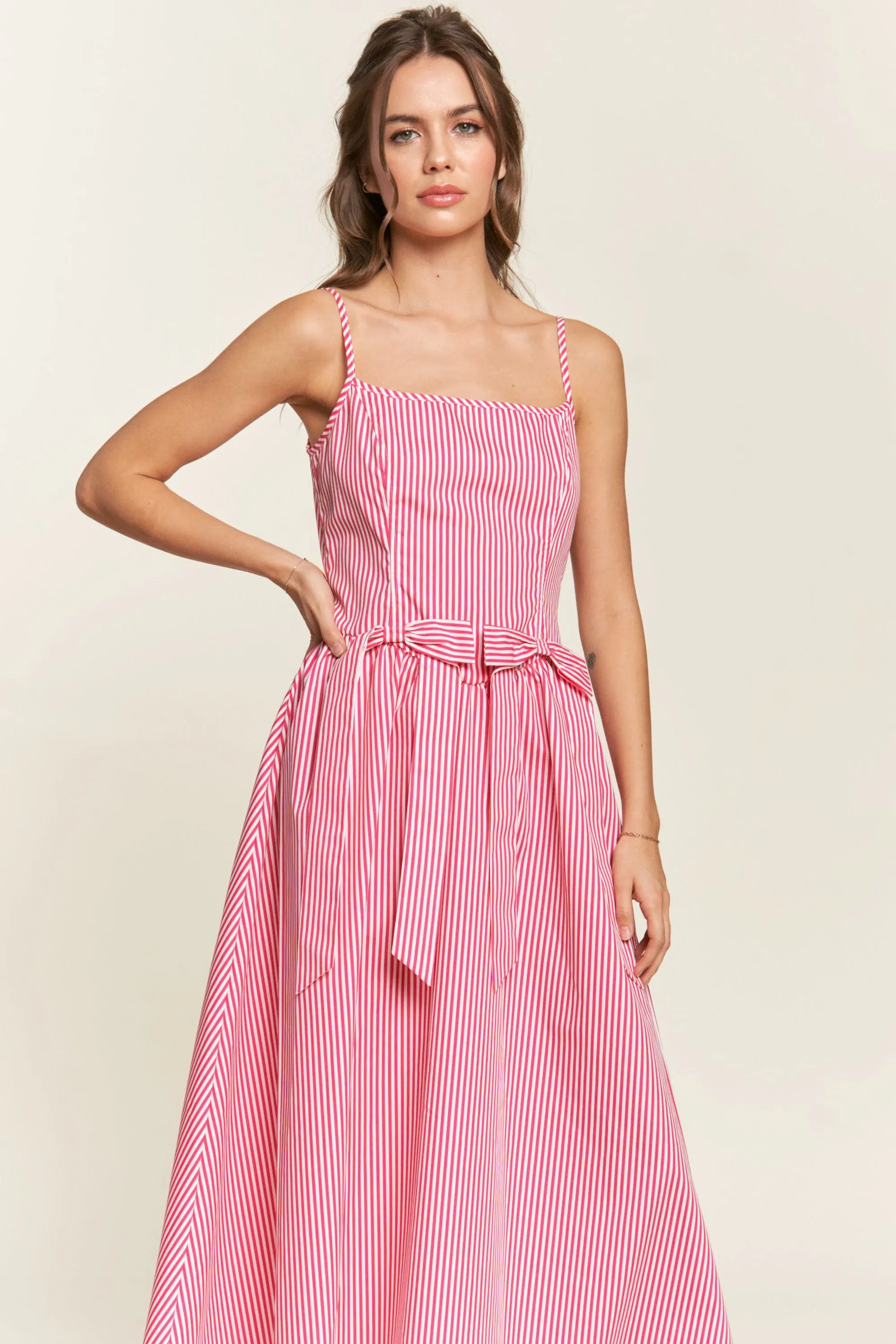 Hot Pink Striped Bow Midi Dress